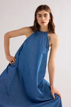 Long denim halter dress